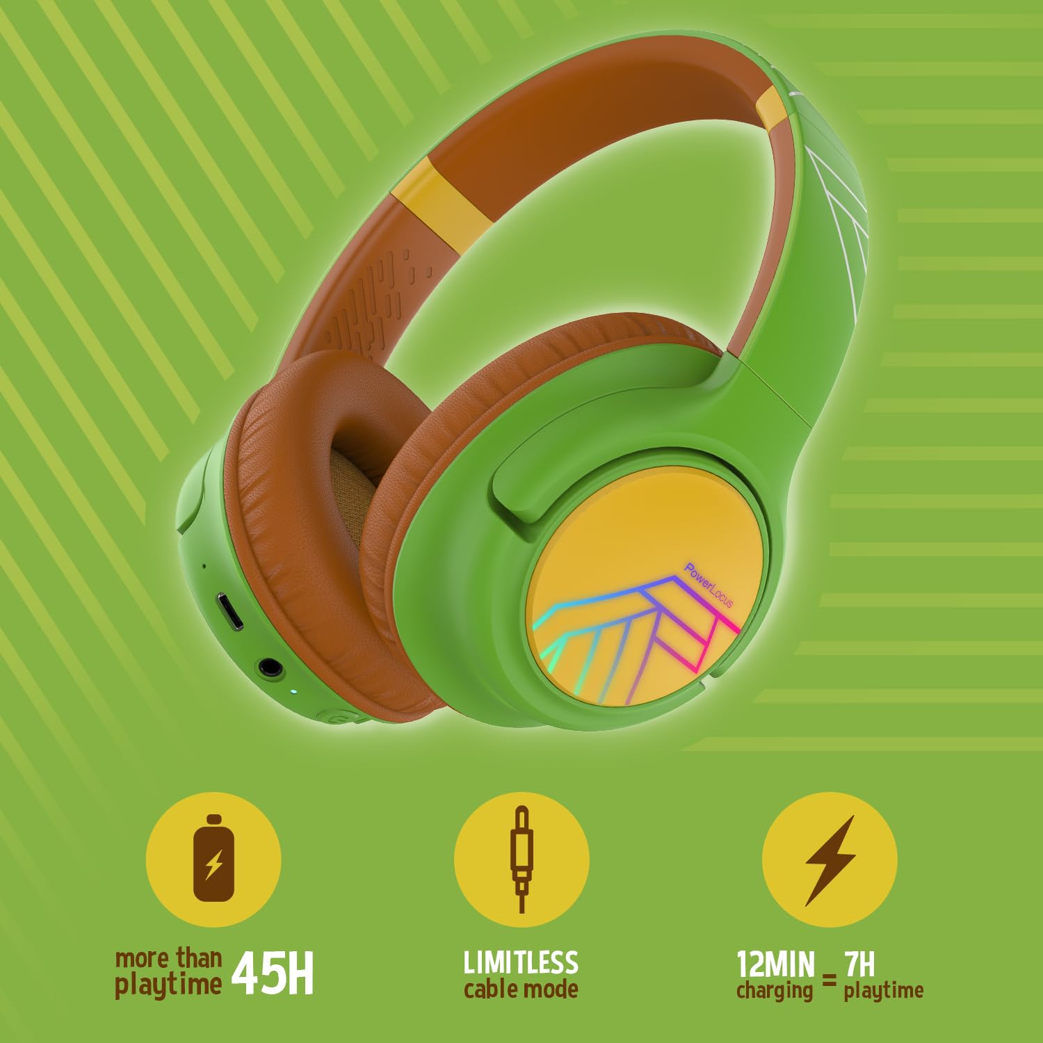 PowerLocus Cuffie Bluetooth per Bambini, Cuffie Wireless per Ragazzi, 74/85/94dB Limite di Volume, Luci a LED, Cuffie Over Ear Pieghevole Senza Fili con Microfono, Collegare 2 Cuffie a Un Dispositivo