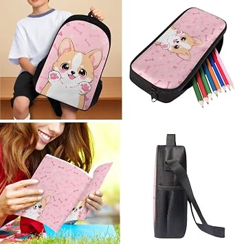 Pink Dog Backpack and Lunch Box for Girls School Bag and Pencil Box for Kids Large Capacity Book Bag and Book Cover for Back to School Soft Daypack Gift for Back to School