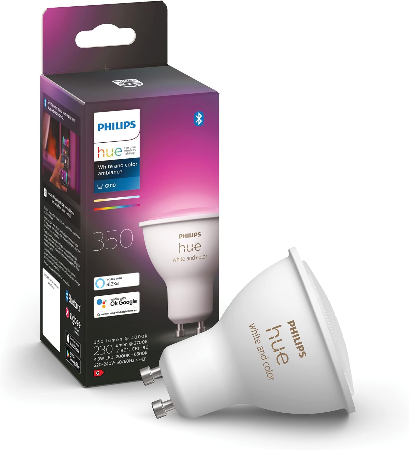 Philips Hue New White and Colour Ambiance Smart Light [GU10 Spot] with Bluetooth. Works with Alexa, Google Assistant and Apple Homekit. for Home Indoor Lighting for Livingroom, Lounge.