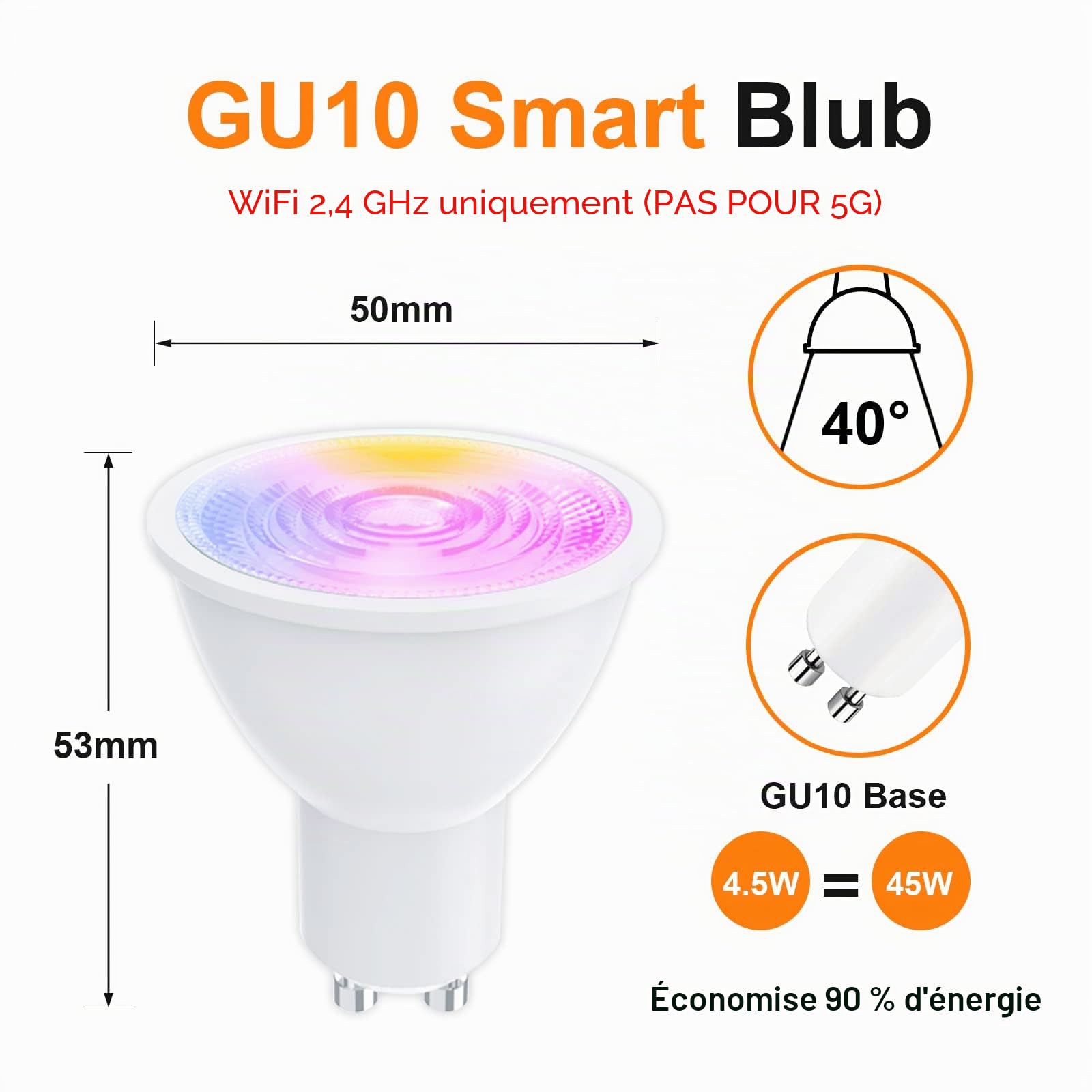 ANTELA Ampoule Connectée WiFi Gu10 4,5W 350 LM LED RGB | Lumière Blanche Chaude/Froide 2700K-6500K Compatible avec Alexa/Google Home, Angle de Faisceau de 40°, 8 PCs