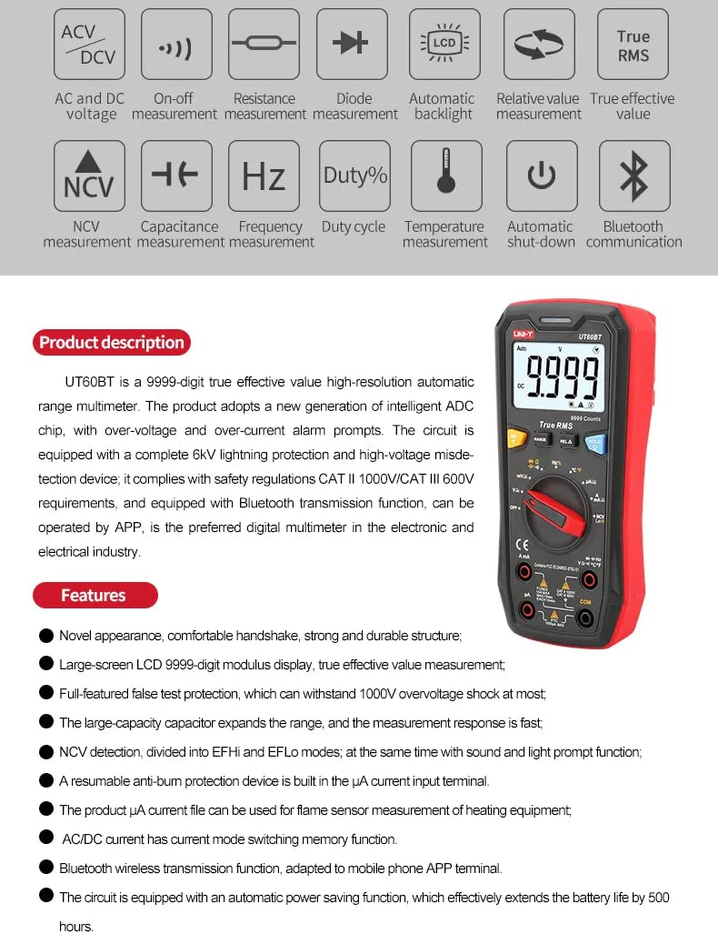 UNI-T UT60S UT60BT UT60EU Smart Digital Multimeter Bluetooth Data Transmission AC DC Voltmeter Capacitance Temperature Tester(UT60BT)