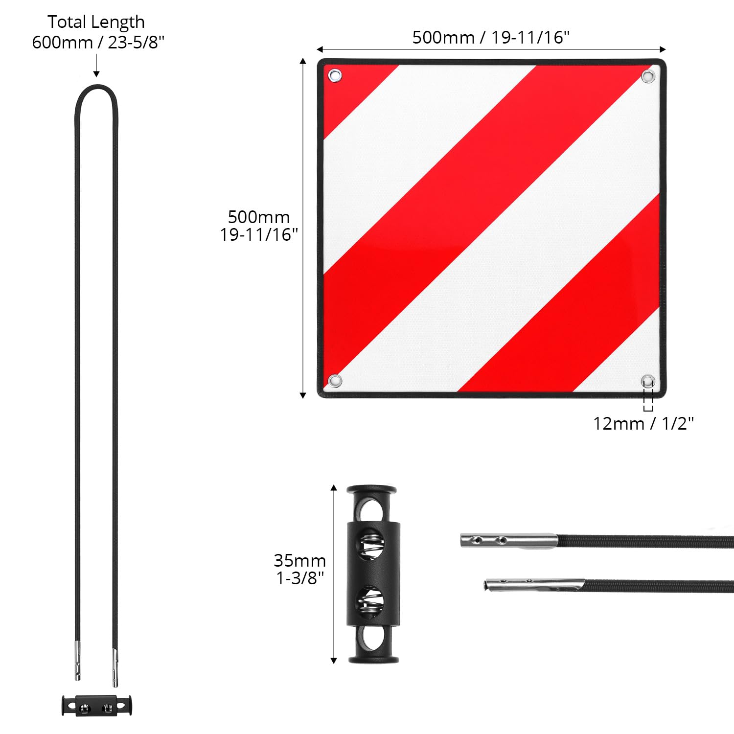 QWORK® 2 en 1 Panneau d'avertissement réfléchissant avec 4 cordes de tension, panneau signalisation 50 x 50 cm l'Italie et l'Espagne, pour porte-vélos et porte-arrière