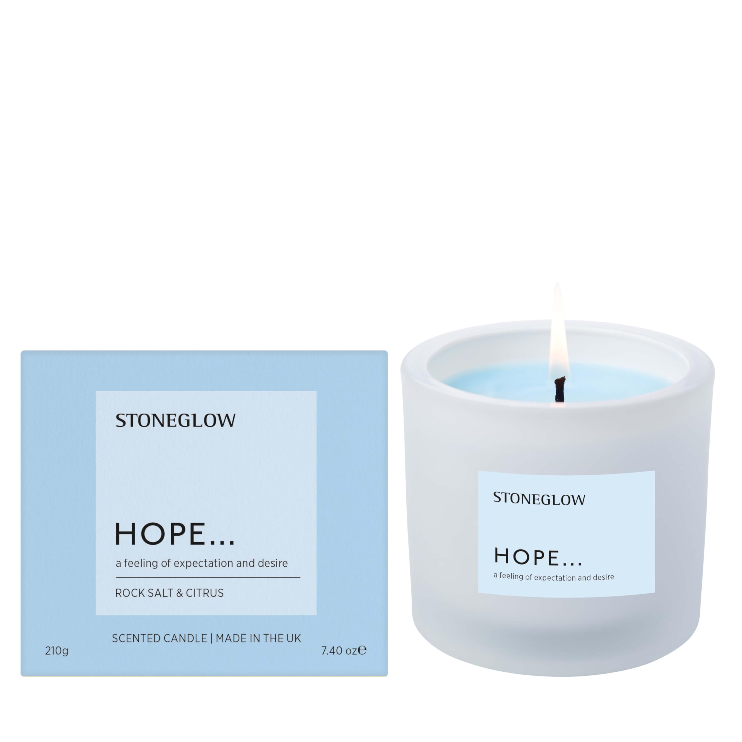 Stoneglow Affirmations – Hoffnung – Steinsalz und Zitrusfrüchte – Duftkerze im Tumbler (79 x 89 mm), Kokosnuss- und Rapswachsmischung, blaue Kerze, 40 Stunden, Bergamotte, Patchouli, Lavendel