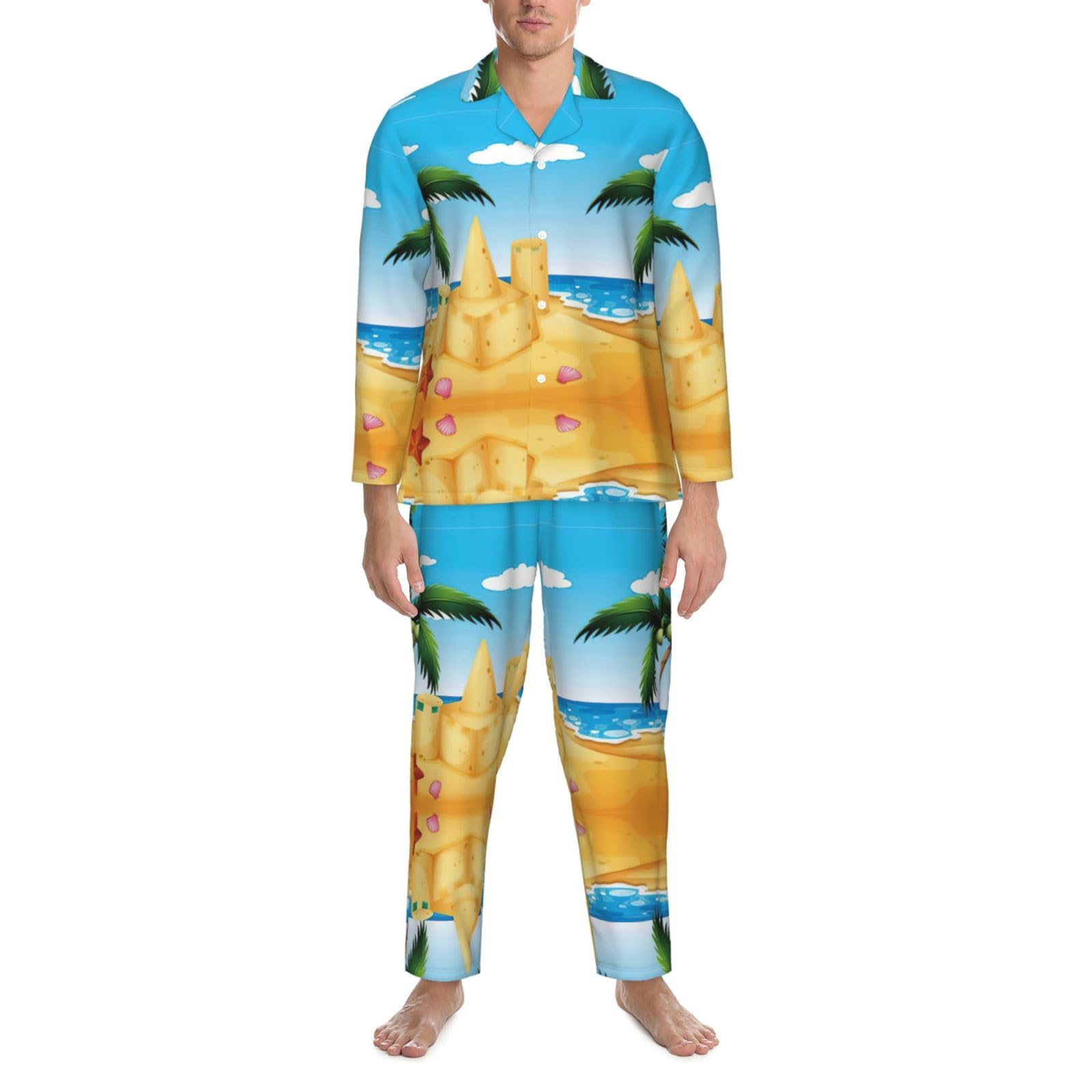 Conjunto de pijama con estampado de casa de arena para hombre, pijama suave de manga larga con botones y bolsillos