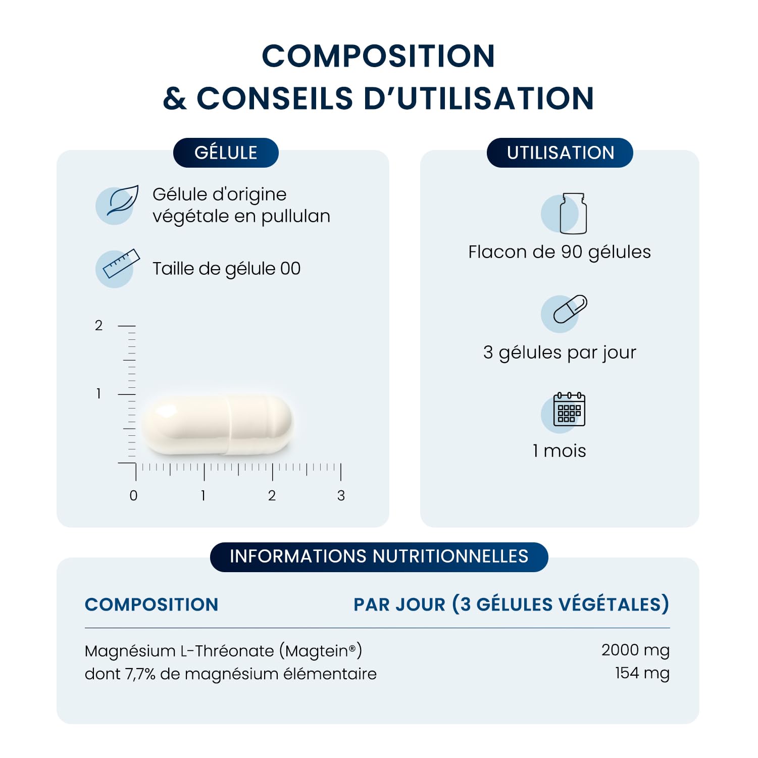 Magnésium L-thréonate Magtein® - Mémoire, Concentration, Fonctions cognitives, Fatigue - Haute Assimilation Cérébrale - Formule Brevetée - 667 mg - 90 Gélules (1 mois) - Fabrication Française - Dynveo