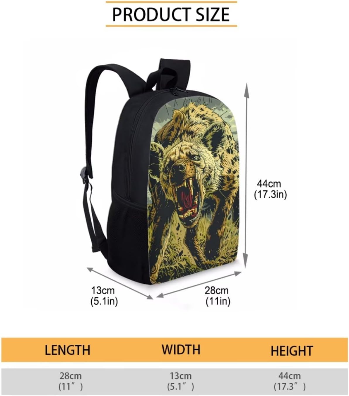 17 Inch Animal Print School Backpack And Lunch Box Set for Kids Lightweight Angry Hyena Backpack for Boys Girls Sturdy School Bag with Insulated Lunchbox Pencil Case Student Bookbag