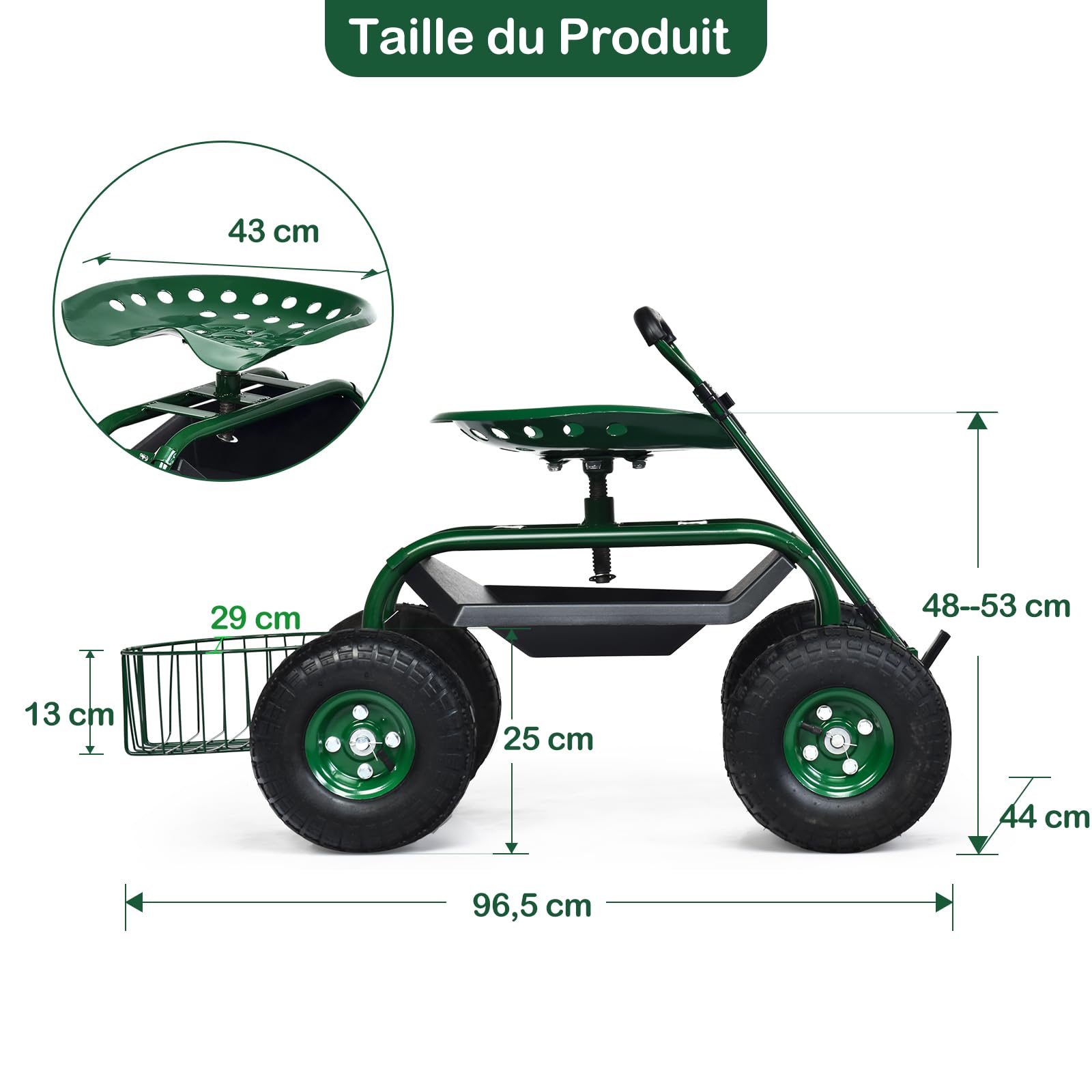 GOPLUS Siège de Jardin Roulant avec 2 Plateau à Outils, Poignée Ronde Extensible, Panier de Rangement, Siège Hauteur Réglable 45,5-54,5cm avec 4 Roues en Caoutchouc, Vert (avec Poignée)