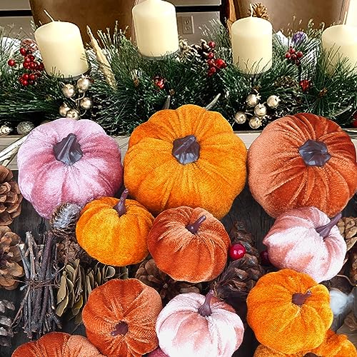 Image of Artmag 12Pcs Fall Artificial Velvet Pumpkins Assorted Sizes Orange Brown Pink Fake Farmhouse Harvest Pumpkins for Fall Thanksgiving Party Home Decoration