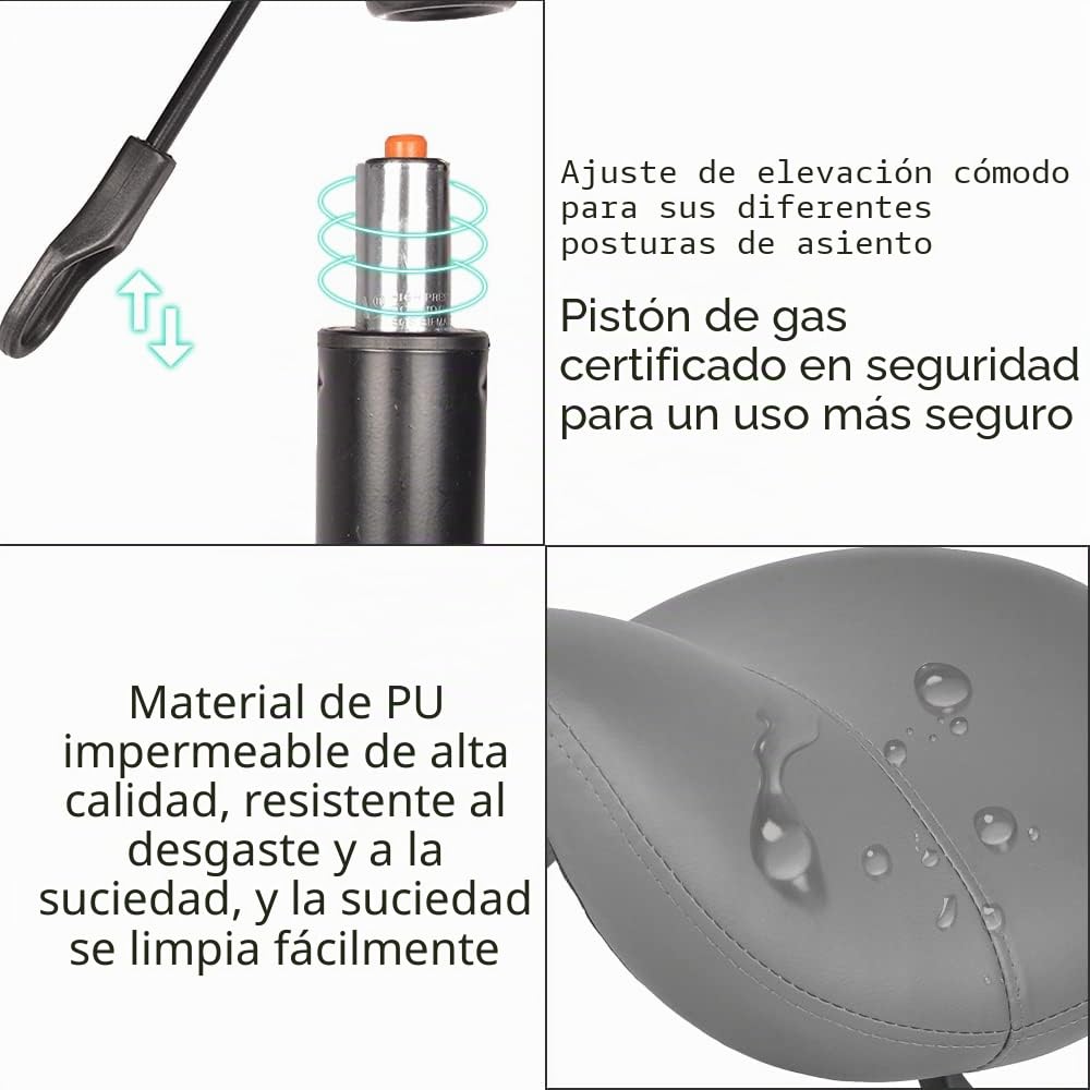 Mingone Taburete de Sillín Ergonómico con Ruedas Taburete de Trabajo Ajustable en Altura Silla de Montar Giratorio 360° para Estudio Oficina, Gris | Asiento acolchado de PU taburete ergonómico, altura ajustable 49,5-65 cm, para salón de belleza, masaje, o