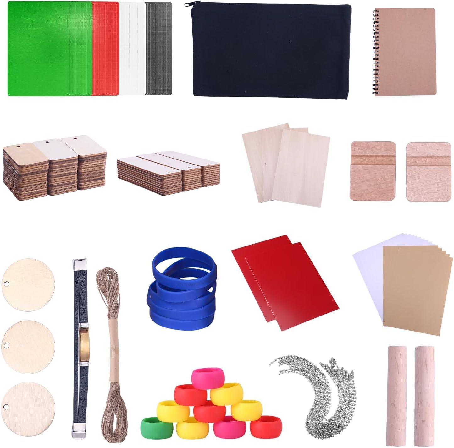 175-teiliges Laser-Gravur Material-Sortiment aus Holz, Metall & Acryl - DIY Starter Kit für Schlüsselanhänger, Hundemarken und Visitenkarten