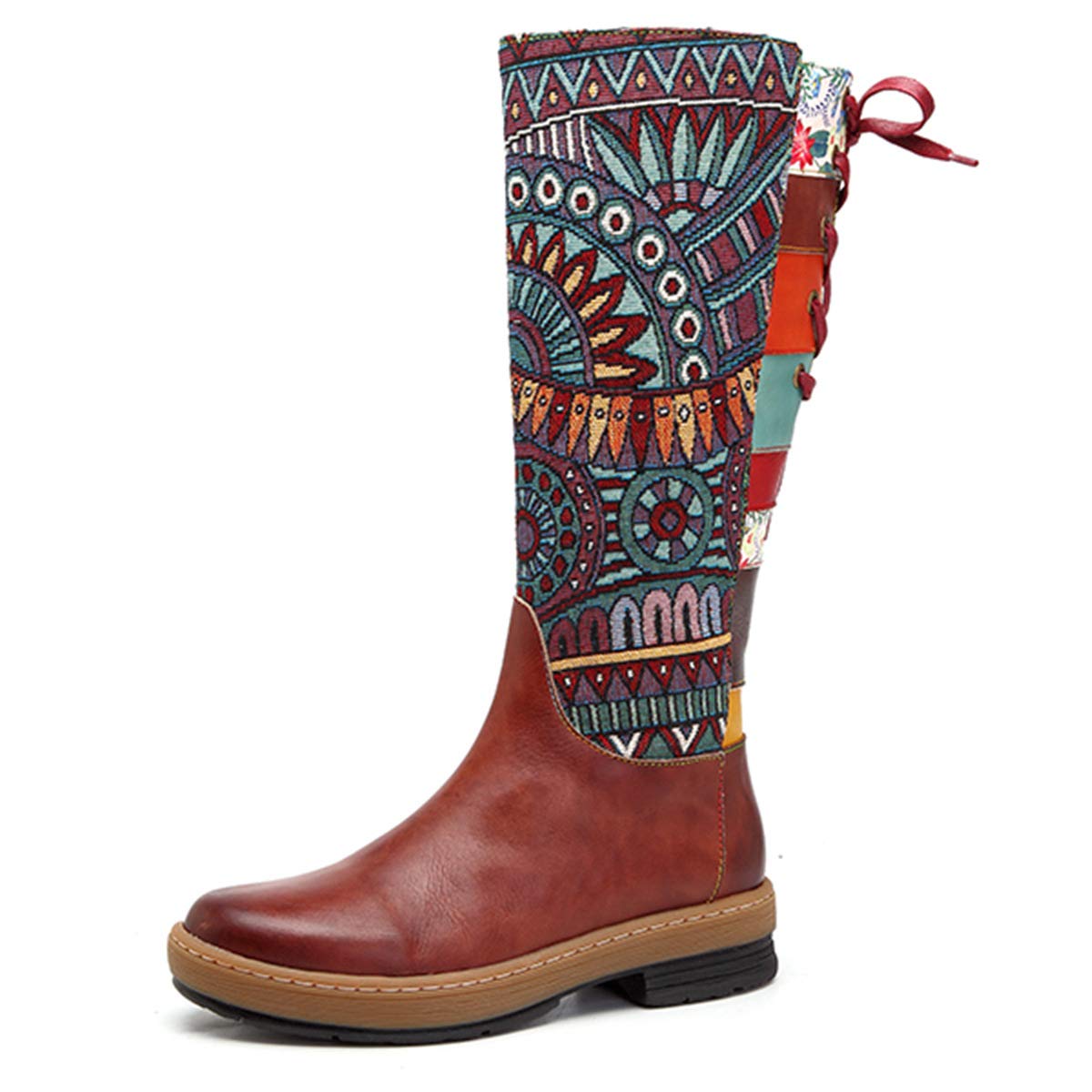 CrazycatZWomens Leather Bohemian Knee High Boots Block Heel Tall Bootie Exotic Pattern (Brown, numeric_10)