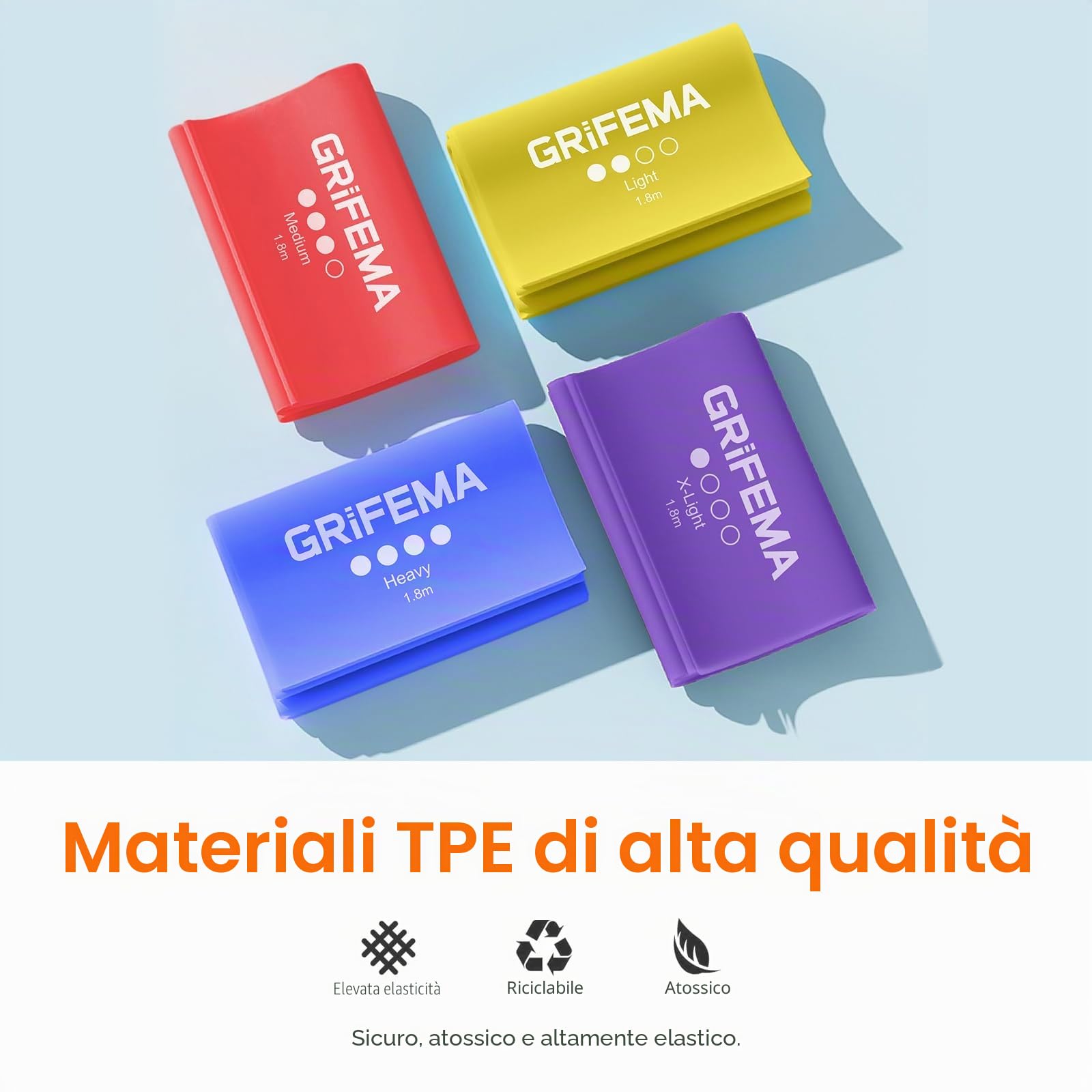 GRIFEMA GA5002 Fasce elastiche fitness [set da 4] 1,8 m, fasce elastiche con 4 livelli di resistenza per allenamento della forza, yoga, pilates