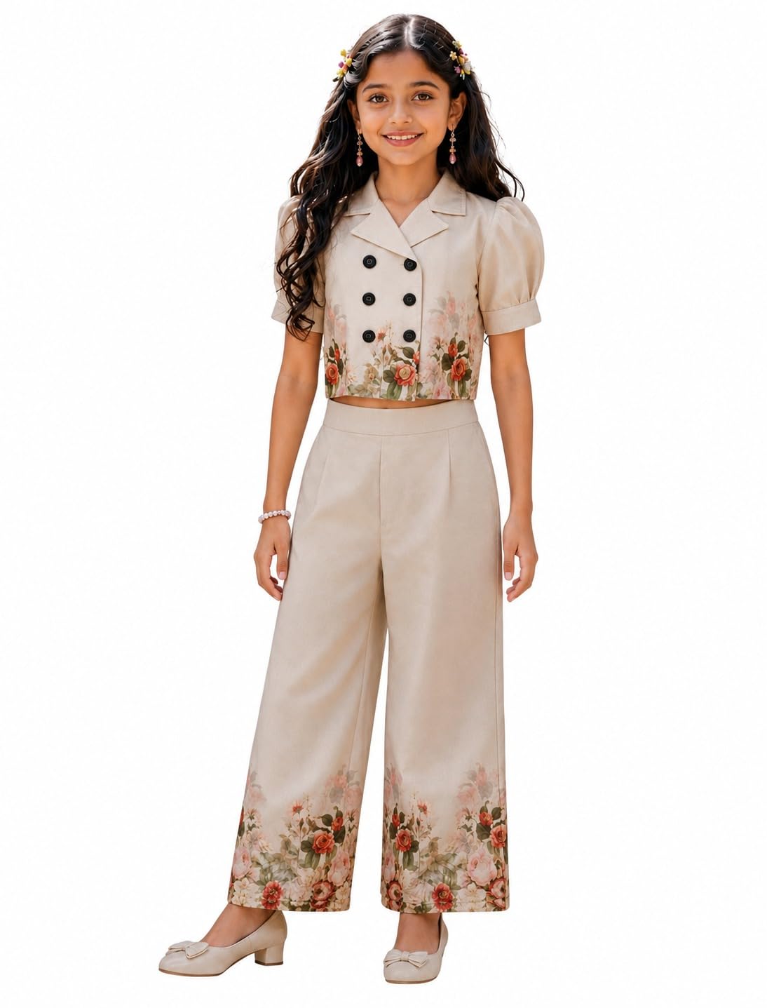 blood panther Girl's Floral Pattern Cotton Blend Co-Ords Set with Notched Neck Half Puff Sleeve Crop Length and Button Down Closure Type | Co-ords Set For Girls | Stylish Summer Outfit For Girls-picture-51