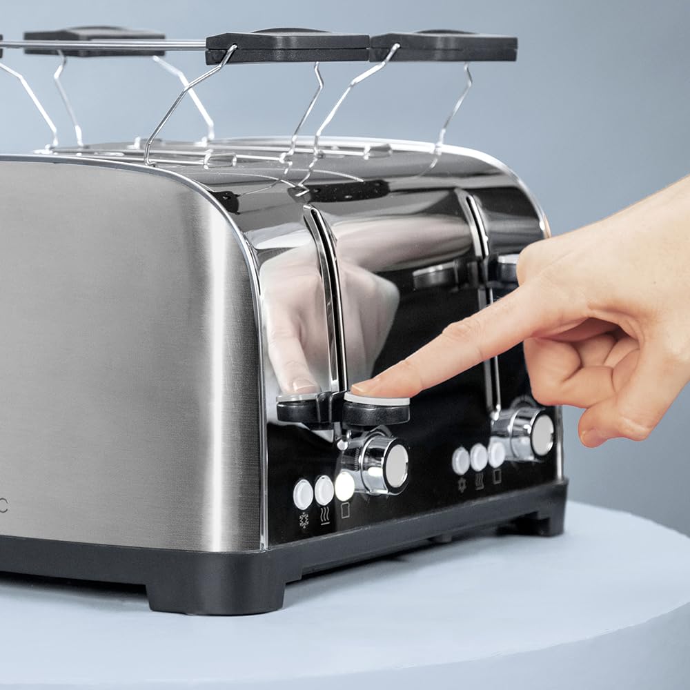 Cecotec Toster Pionowy 4 Gniazda Krótkie Toastin' time 1700 Double Inox. 1700 W, 4 kromki chleba, szerokie gniazdo 3,8 cm, 2 stojaki na bułki i tacę do zbierania, stal nierdzewna