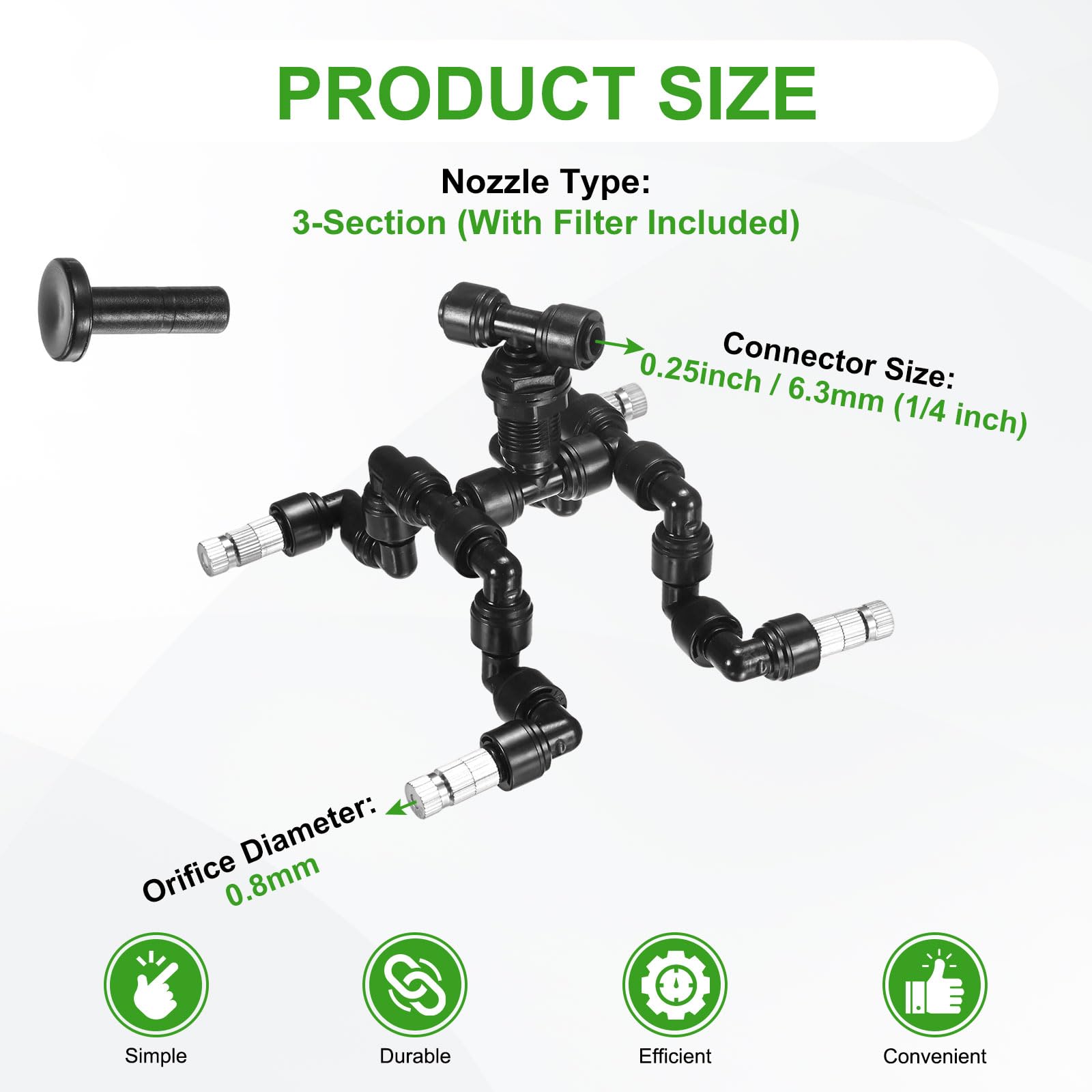 Dysze zraszające dla gadów, miedziane, 0,8 mm, 1/4" z czterema głowicami i filtrem do terrarium/wiwarium, dysza regulowana w zakresie 360 stopni [czarne]