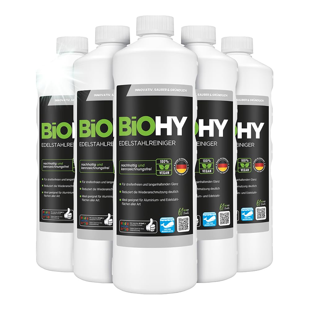 BiOHY Limpiador de acero inoxidable (6 botellas de 1 litro) | Cuidado para un brillo sin rayas | limpia la cocina, las ollas o la parrilla | Gastronomía y Hogar (Edelstahlreiniger)