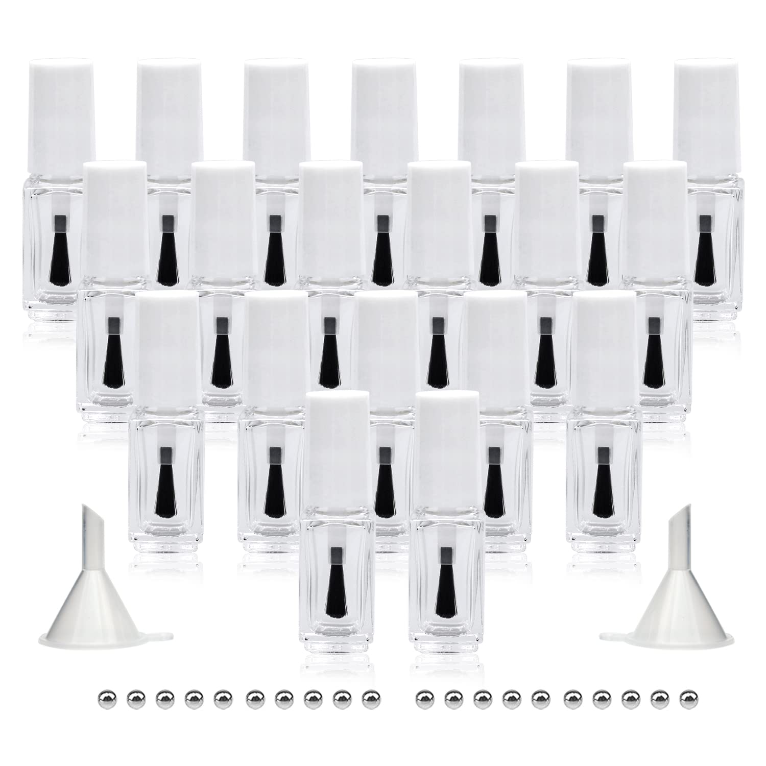 Agidea Empty Nail Polish Bottles with Round Brush 5ML, 20Pack Small Empty Glass Refillable Nail Polish Containers with Mixing Balls & Funnels (White)