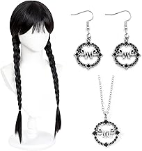 Frange Longue Tresses Perruque, Mercredi Perruque Tressée Noire deLong pour Femmes, Mercredi Cosplay Perruque, Perruque Tresse Noire pour Les décorations de fête de Cosplay