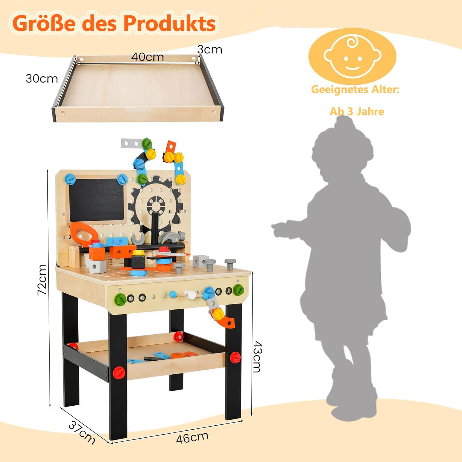 DREAMADE Werkbank Kinder, Werkzeugbank für Kinder aus Holz mit 6 Werkzeugen und 75 Zubehör, Werkzeug Spielzeug Set mit Kreidetafel und hängendem Werkzeughalter, Werkbank für Kinder ab 3 Jahren