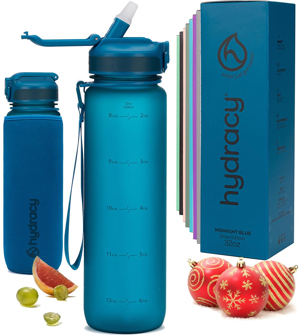 Hydracy Water Bottle with Times to Drink & Straw - Large 32 Oz BPA Free Motivational Water Bottle & No Sweat Sleeve -Leak Proof Gym Bottle with Time Marker - Ideal for Fitness, Sports & Outdoors