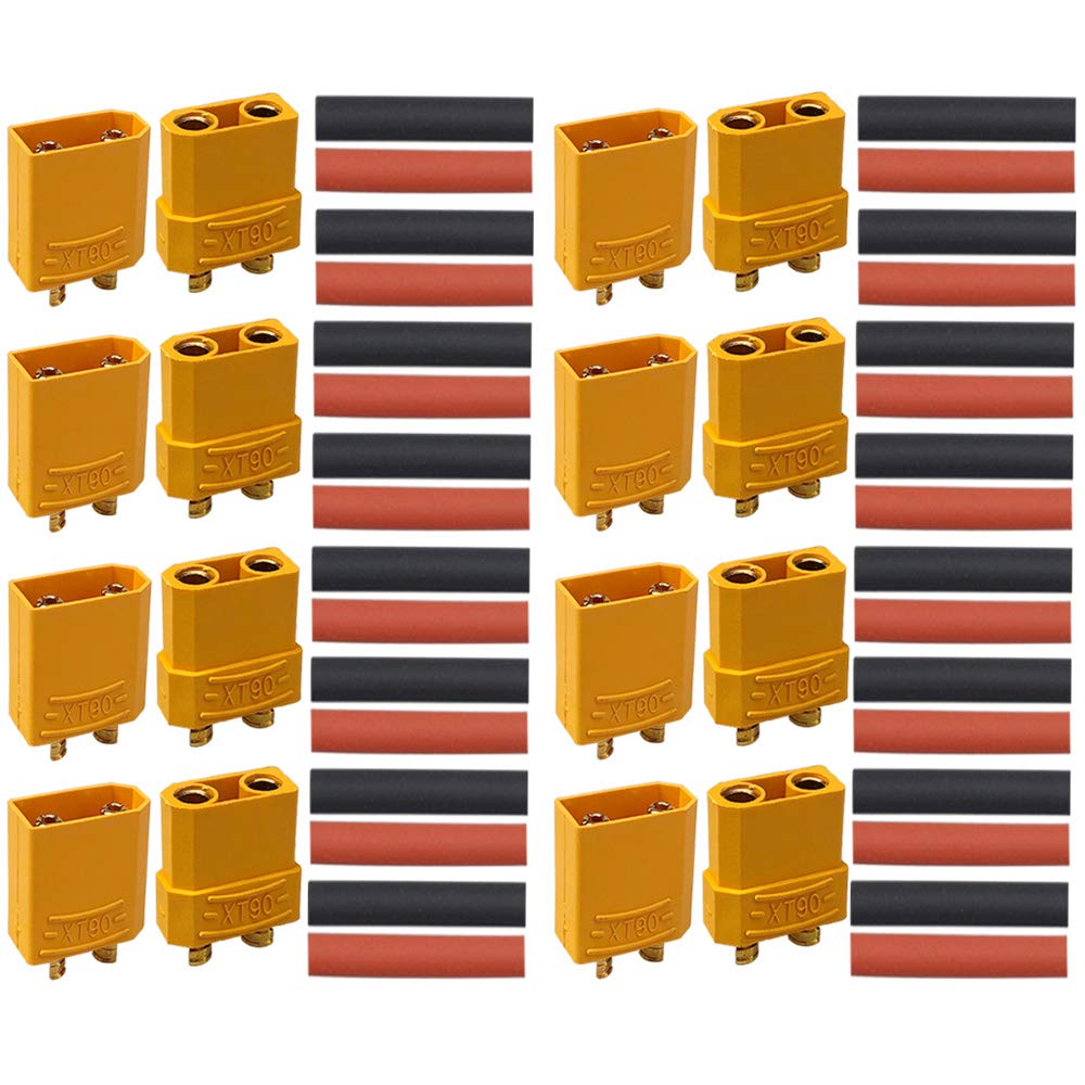 QitinDasen 8 Pairs Premium XT90 Battery Connector, XT90 Male Female Bullet Connector, Gold Plated Connector Power Plug with Heat Shrink Tube, for RC Lipo