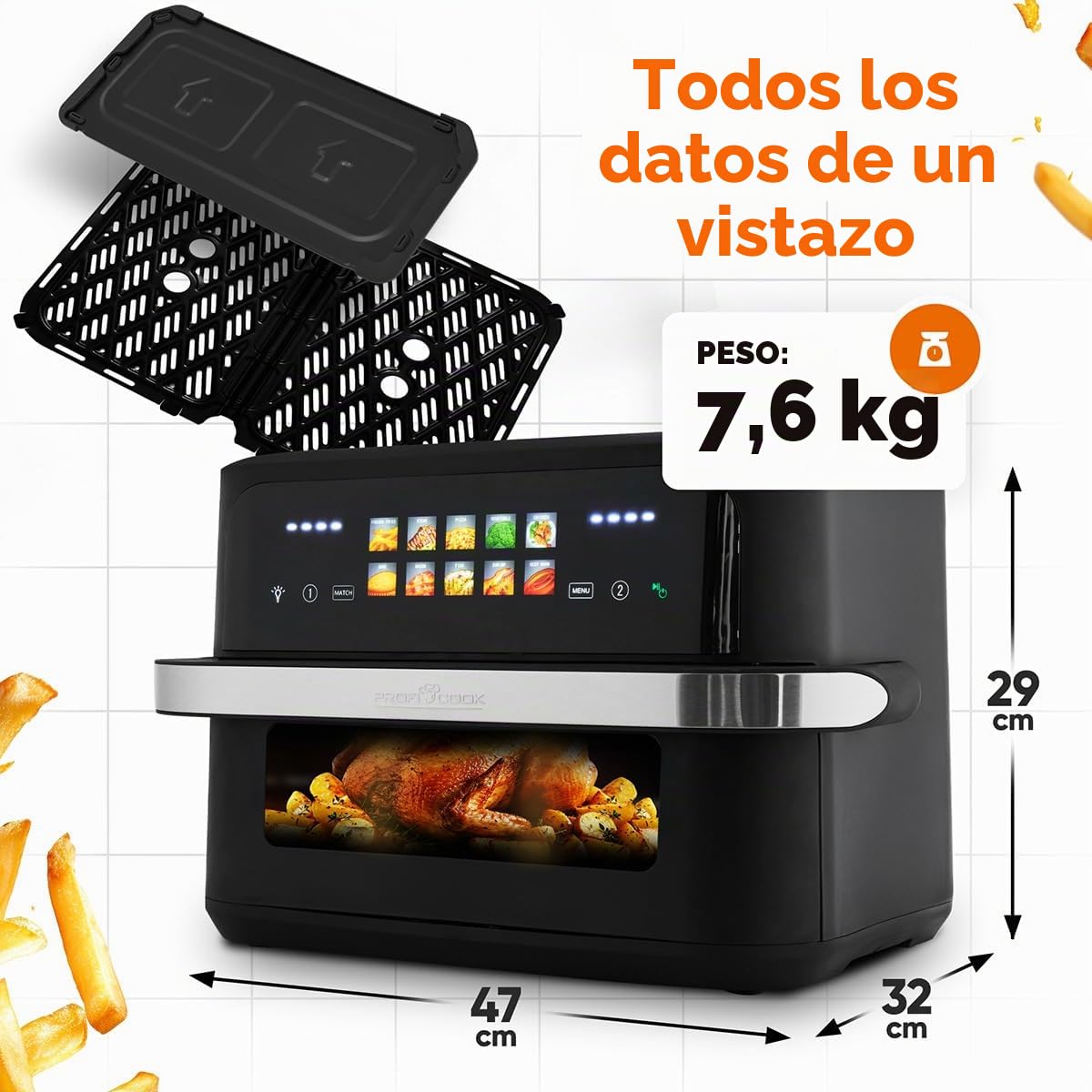 Freidora de aire caliente ProfiCook® XXL | 10 litros | Sin aceite ni grasa | Pantalla táctil | Freidora de aire caliente de 2400 W | 2 compartimentos | 10 programas | 80-200 °C | PC FR 1313 H