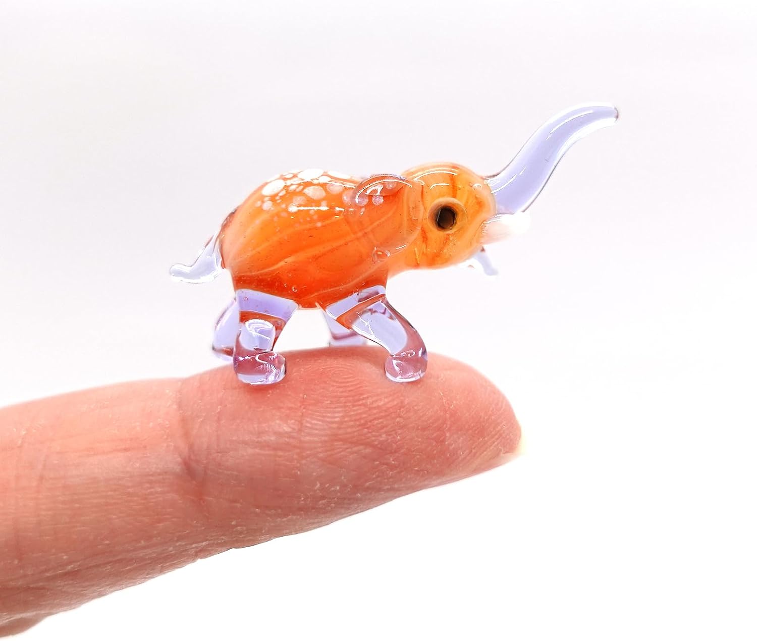 Elephant Tiny Micro Figurines Hand Blown Glass Art Animals Collectible Gift Home Décor, Trunk Up (Purple Orange)