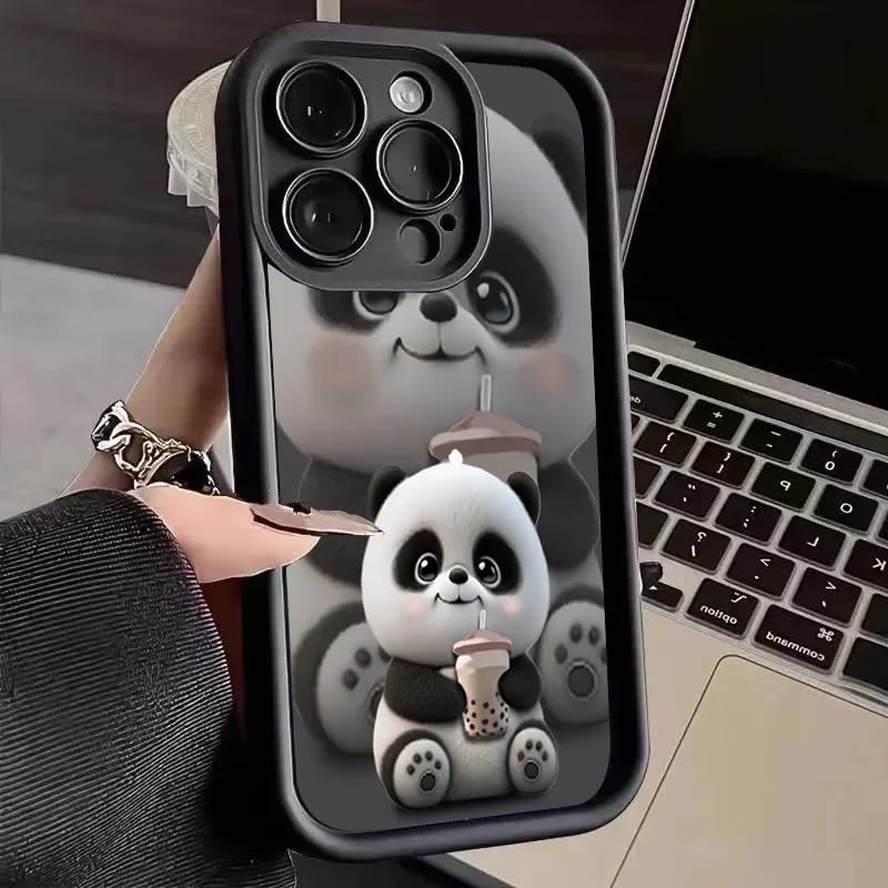 Image of COVERLY Panda Pattern Back Case Cover for iPhone 12 Pro | Hot Teddy Boba Tea Cute Design | Camera Lens Protection | Soft TPU Silicone Drinking Coffee Print Cover for Girls & Women (Black, Shockproof)
