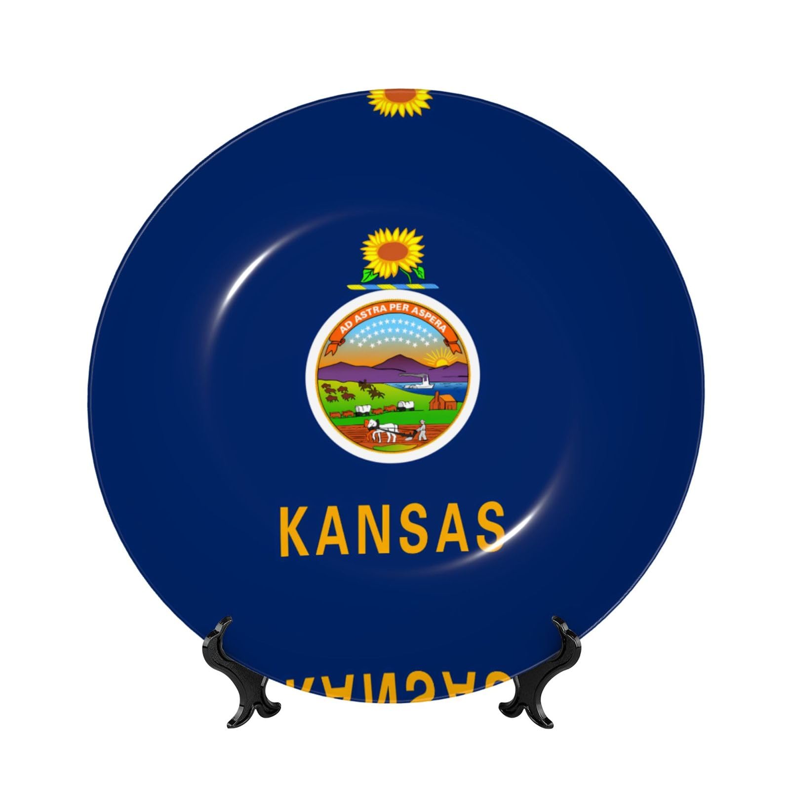 SXZVVBN Kansas State Flag Bone China Decorative Plate Art with Stand Removable Adhesive Hanging for Home Office 7in