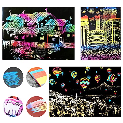 16 Pack Scratch Arts And Crafts Notebooks,Scratch Note Pads For Kids,Includeing 4 Drawing Stencils And 16 Wooden Stylus,Scratch Paper For Kids Art Party Supplies Stocking Stuffers #TOP4