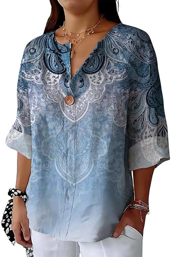 ZOCANIA Floral Womens Button Down Shirt 3/4 Sleeve V Neck Boho Tops for Women Loose Fit Travel Blouse Lightweight Clothes