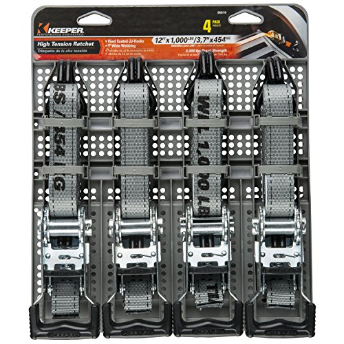Keeper Hampton PROD Keeper – 1” x 12' High Tension Ratchet Tie-Down with Double J-Hooks, 4 Pack - 1,000 lbs. Working Load Limit and 3,000 lbs. Break Strength