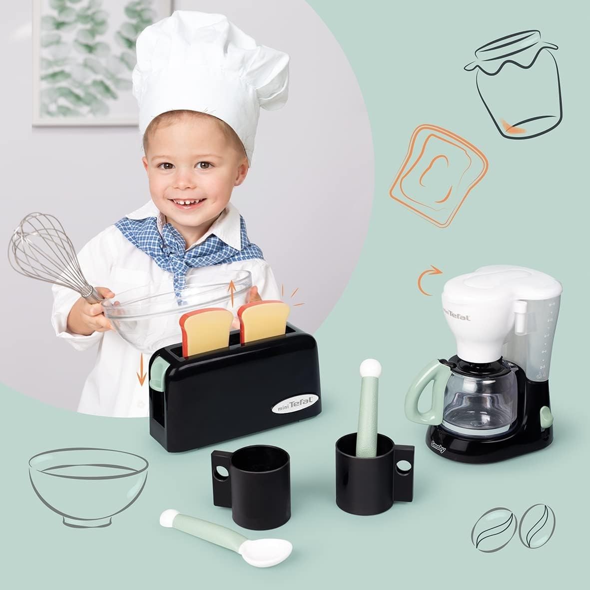 Smoby - Tefal Petit Déjeuner - Grille Pain Fonction Mécanique - Cafetière Express - Tasses + Cuillères - A Partir de 3 Ans