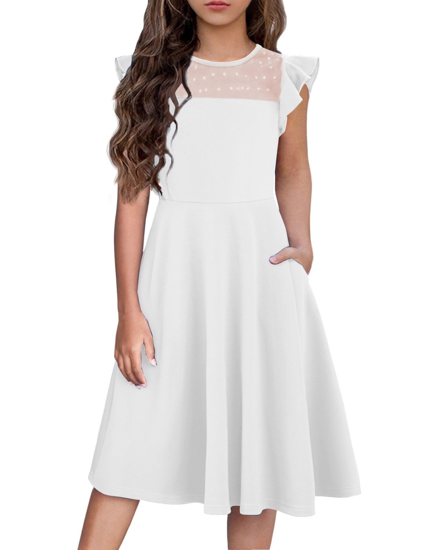 Arshiner Mädchen Kleid Sommerkleid Rüschen Kurzärmel Mesh A Line Casual Partykleider mit Taschen Kinder Kleider für 6-13 Jahre