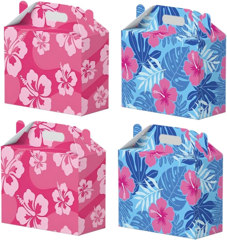 18 Pcs Cute Cartoon Pink Blue Hawaii Party Favor Boxes - Print Flower Patterns Gift Paper Boxes, Cartoon Themed for Hawaiian Bench Themed Decorations for Birthday Presents Decorations Supplies (18Pcs-boxes) image 2