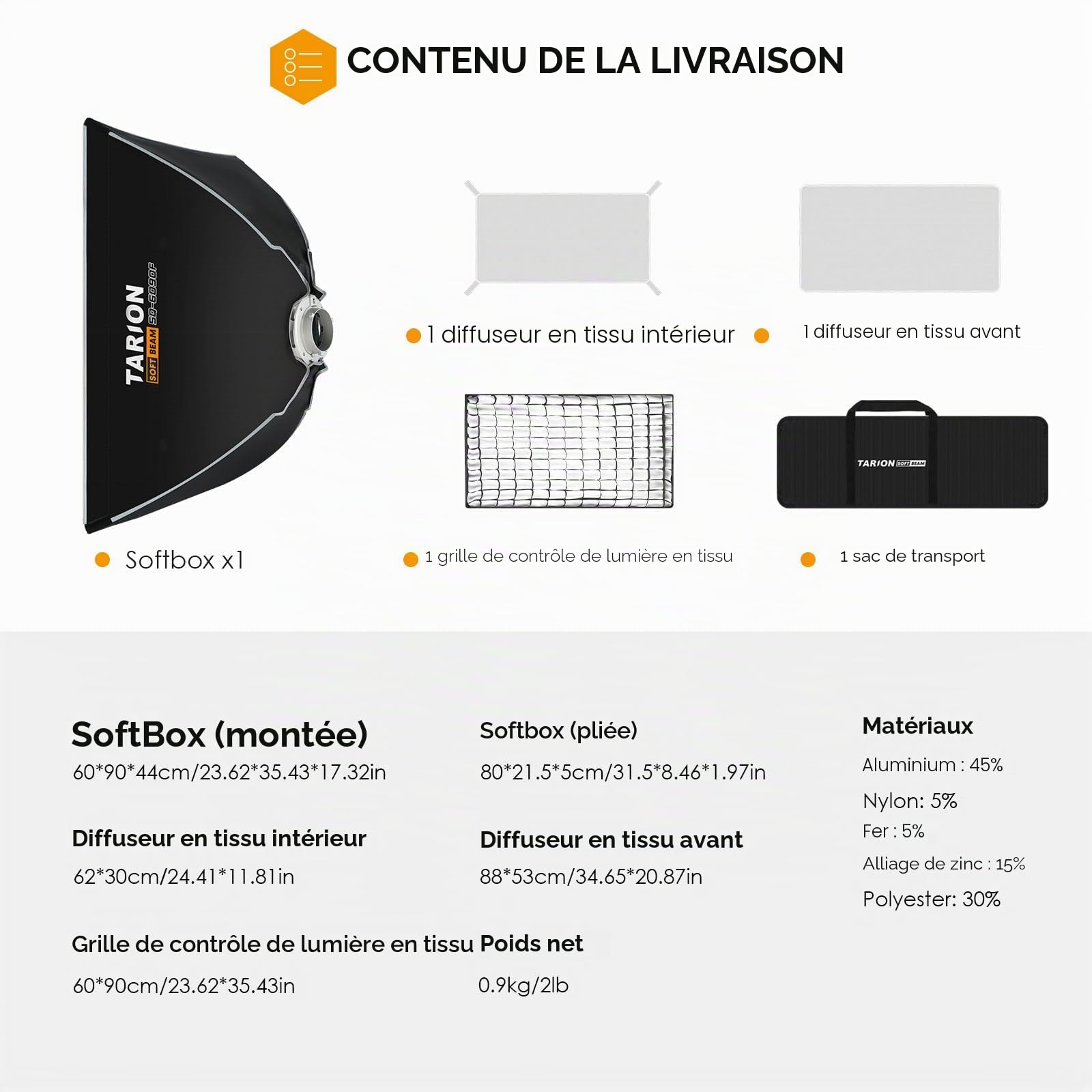 TARION Boîte à lumière avec Monture Bowens - 60x90cm / 24x36in boîte rectangulaire à Montage Rapide pour éclairage vidéo Photo Studio SQ-6090F SOFTBEAM