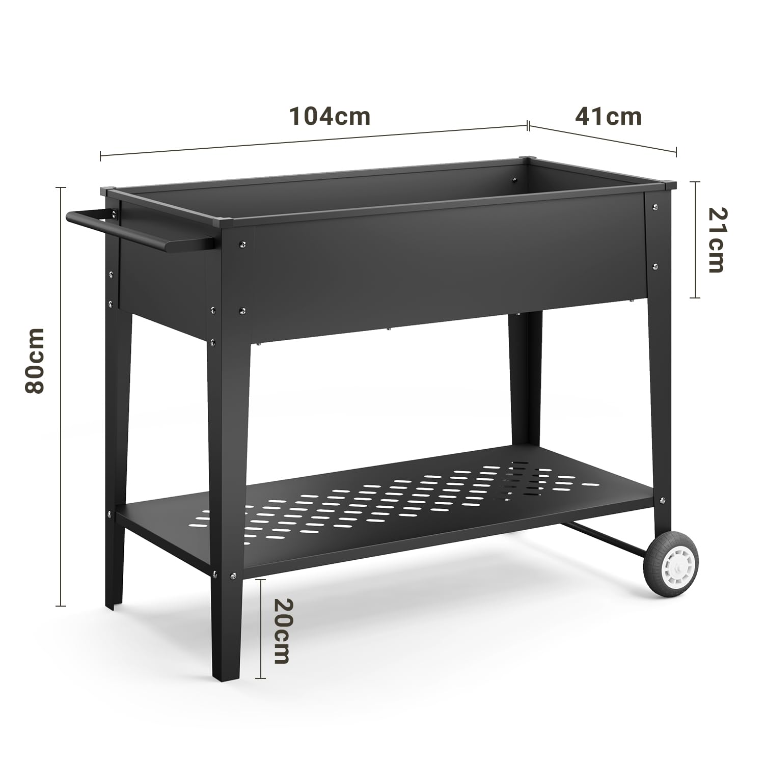 Xbro Orto Rialzato con Ruote e Ripiano, Fioriera da Giardino in Metallo 104x41x80 cm, con Foro di Drenaggio, per Erbe, Verdure e Fiori, Nero
