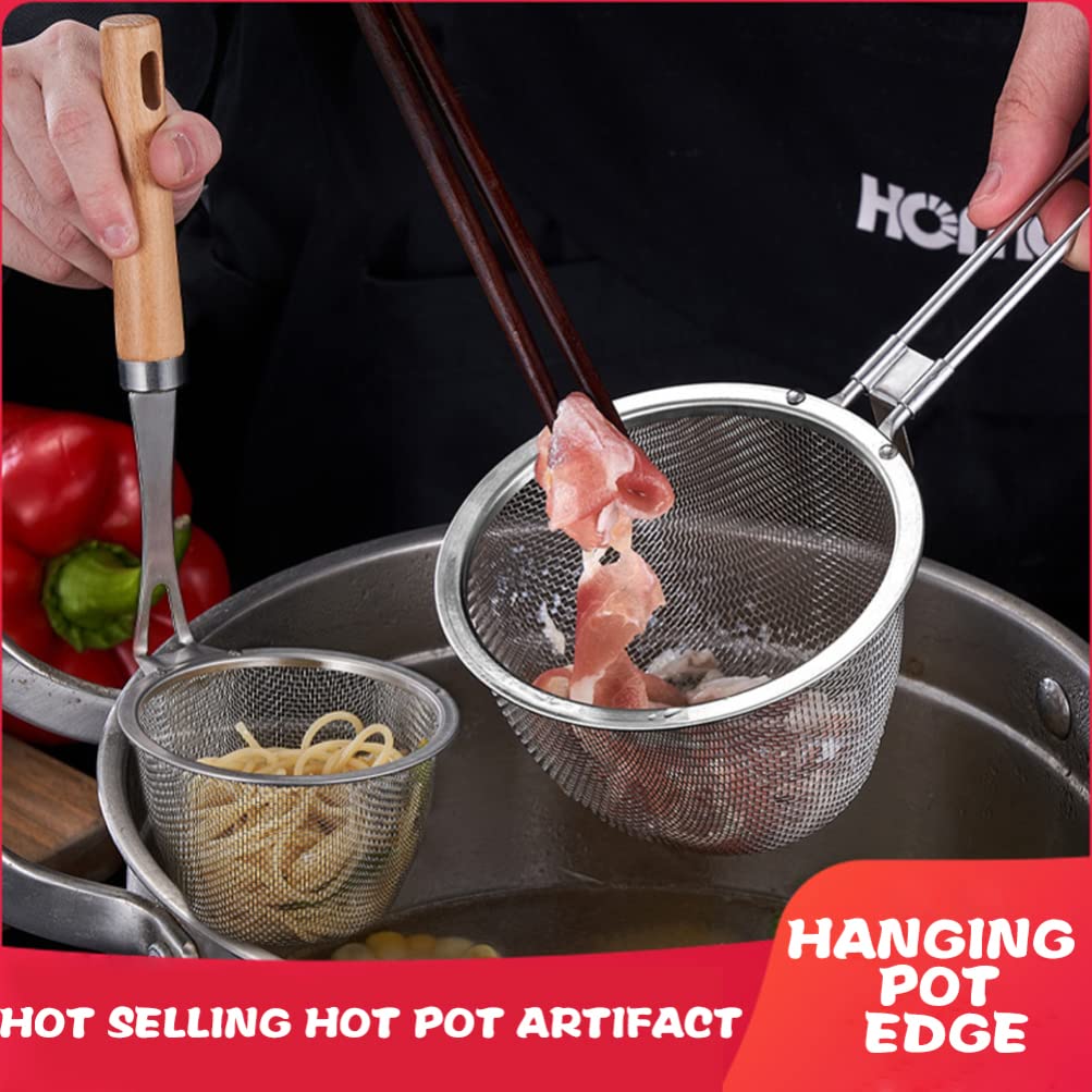 2 coladores de acero inoxidable: colador de malla fina con mango, cucharón para cocinar y freír, colador de metal, fideos espaguetis (plateado)