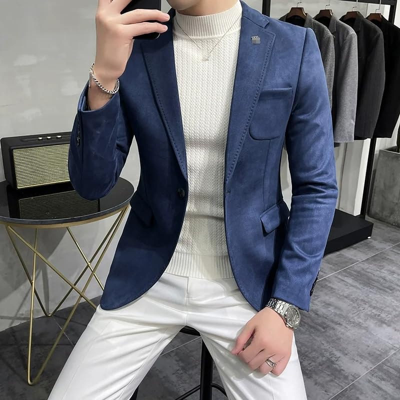 Men's Fleece Jacket Blazer Men Business Casual Slim Fit Single Button Suit Coat4
