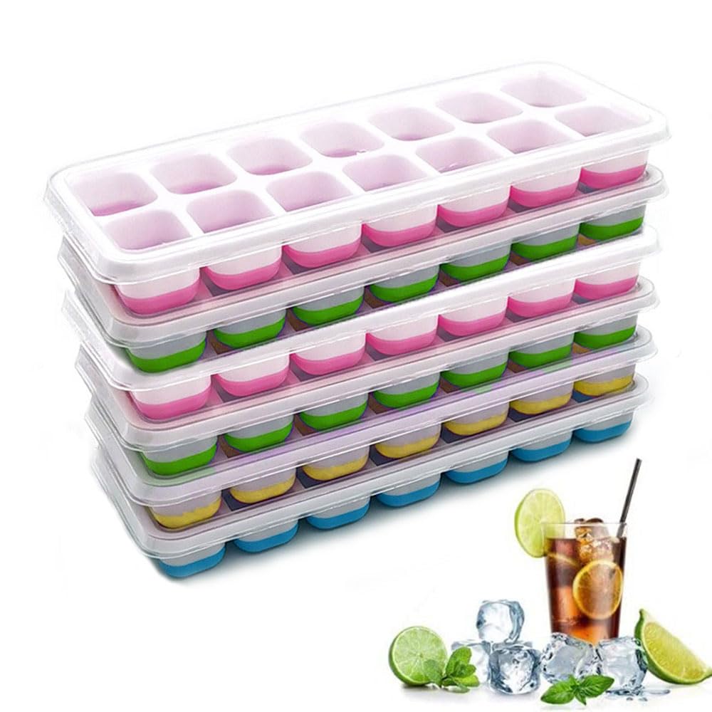 Himifuture Ice Cube Tray 6 Pack, 84 Pieces, Stackable Flexible Silicone, Random Color, Includes 6 Trays and 6 Lids