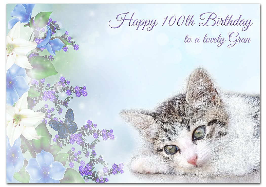 Extra Large Gran 100th Birthday Card - XL Big thick A4 size - Special Age Year Greeting Her Women Female - Beautiful Art Cute Cat Flowers Watercolour - Nice Huge Happy Wishes UK Eco-Friendly