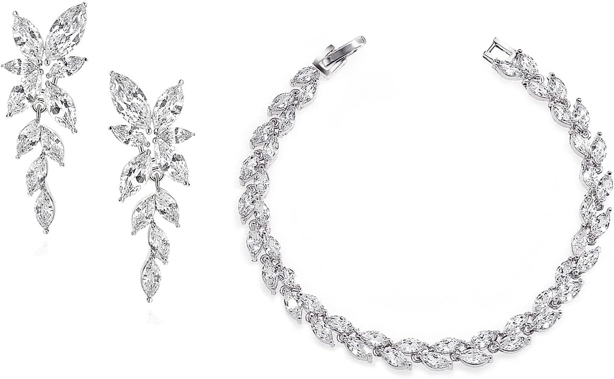 UDYLGOON Elegant Wedding Earrings Bracelet Jewelry Set for Bridesmaid Wedding Prom Homecoming, Sparkle Marquise Imitation Cubic Zirconia Diamond