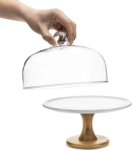 Miniatura 3 de MyGift Soporte de pastel de postre de cerámica blanca y madera de 9 pulgadaspedestal de plato para servir con tapa de cúpula de vidrio transparente