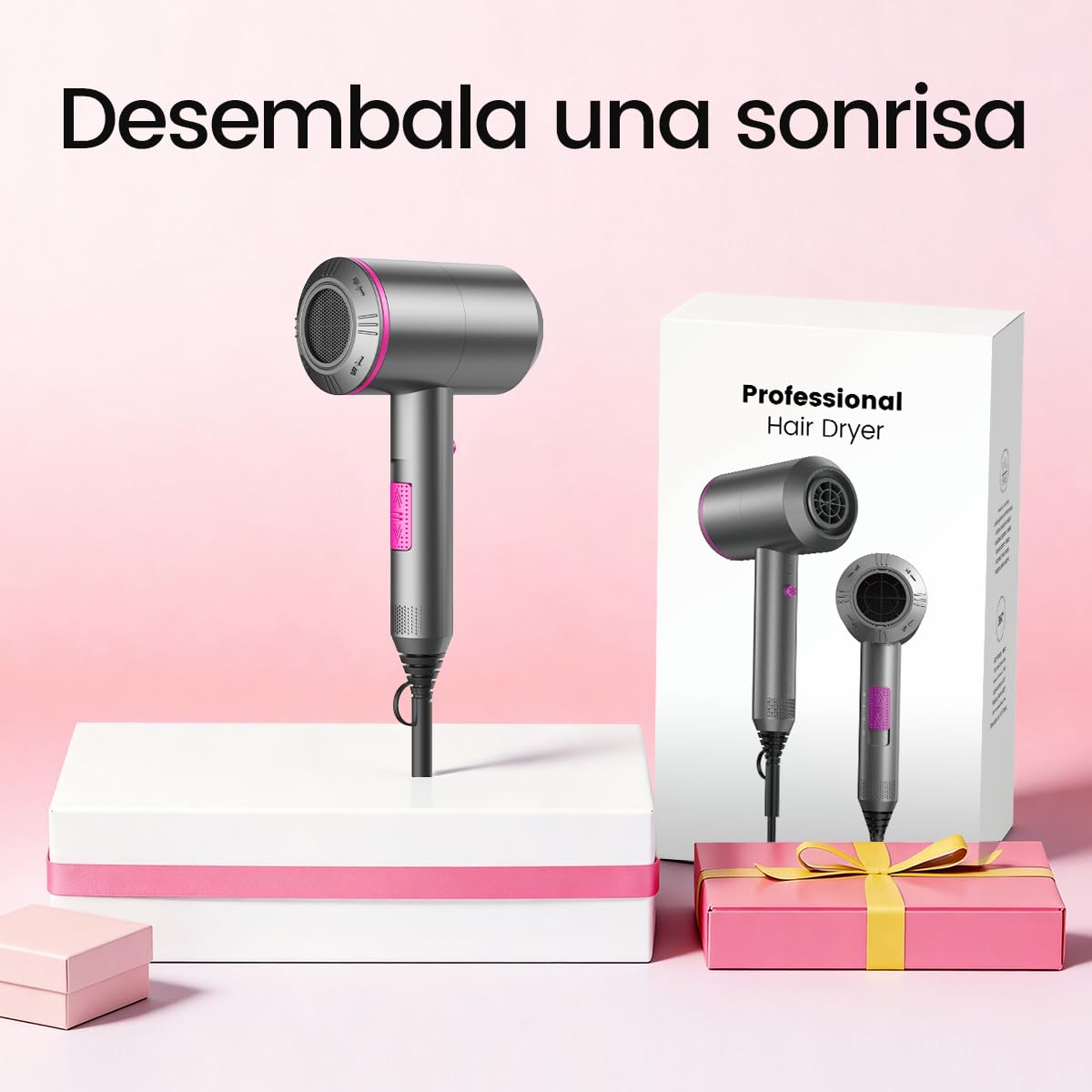 Secador de Pelo Iónico Profesional, Hair Dryer Negativos Portátil, con 3 Temperaturas 2 Velocidades, Botón de Aire Frío, Incluye 1 Difusor y 2 Concentradores