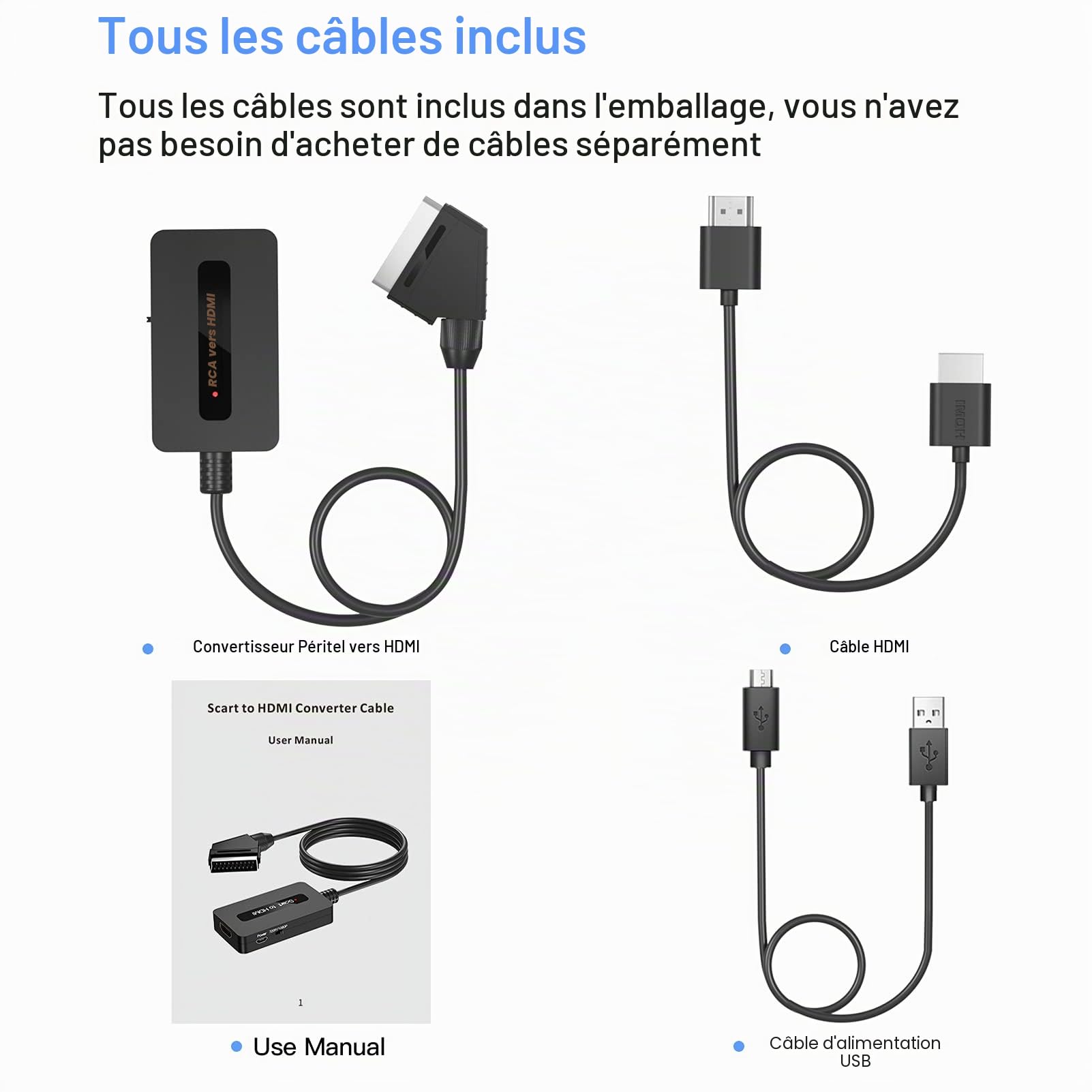 Convertisseur péritel vers HDMI avec câbles, adaptateur péritel mâle vers sortie HDMI pour Sky/DVD/STB avec sortie péritel pour afficher sur les téléviseurs HD