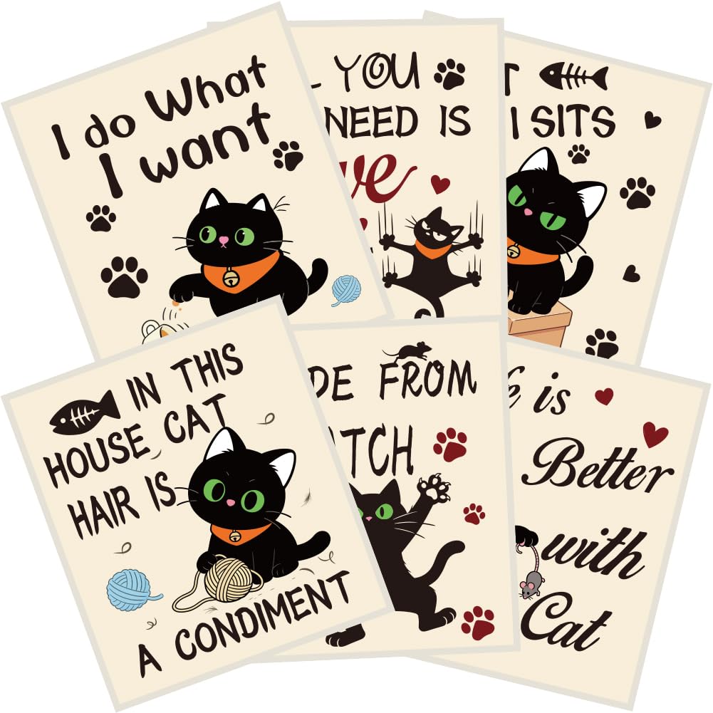 PRESSINART 6Pcs 6 Styles Cat Dish Cloths Reusable Swedish Dishcloths for Kitchen Funny Cat Dish Towels Washable Absorbent Quick Drying Cellulose Sponge Cleaning Cloths for Counters Dishes Table Wiping