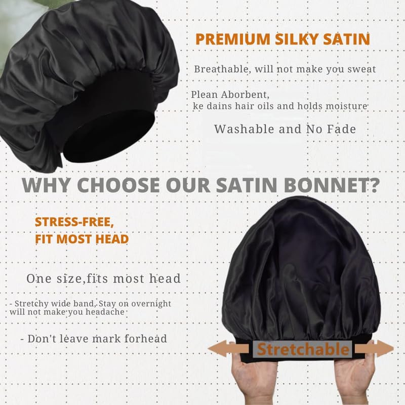 Image of Silk Bonnet for Hair, Adjustable Silk Hair Cap for Sleeping, Satin Bonnet for Curly Hair with Soft Wide Elastic Band, Satin Hair Bonnet For Men and Women(Black)