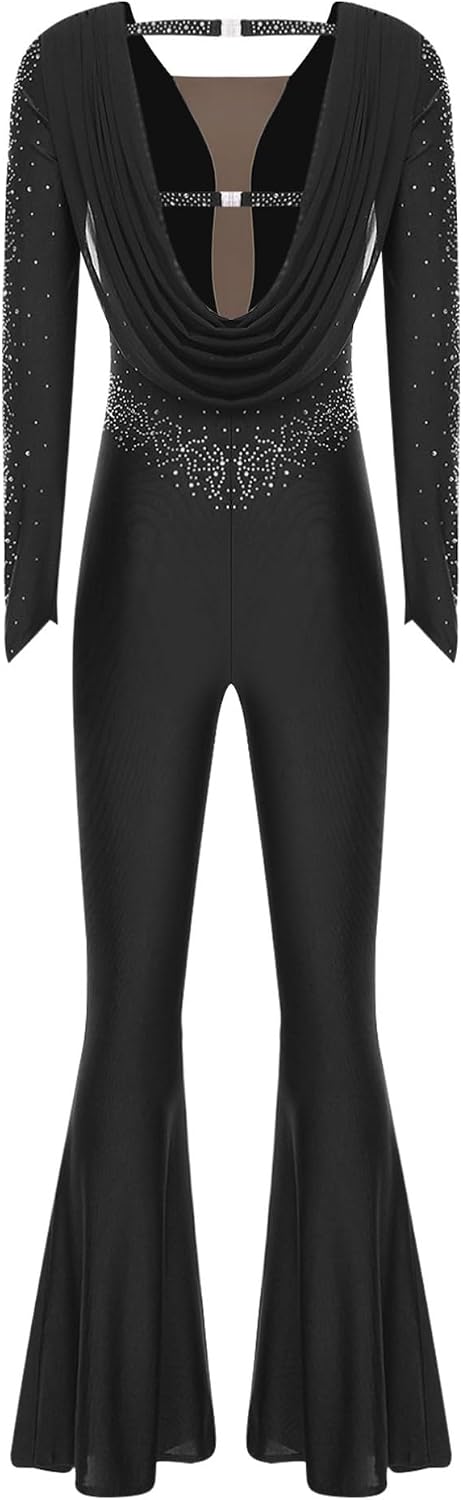 TiaoBug Women's Shiny Rhinestone One Piece Unitard Bodysuit Long Sleeve Gymnastic Dance Jumpsuit