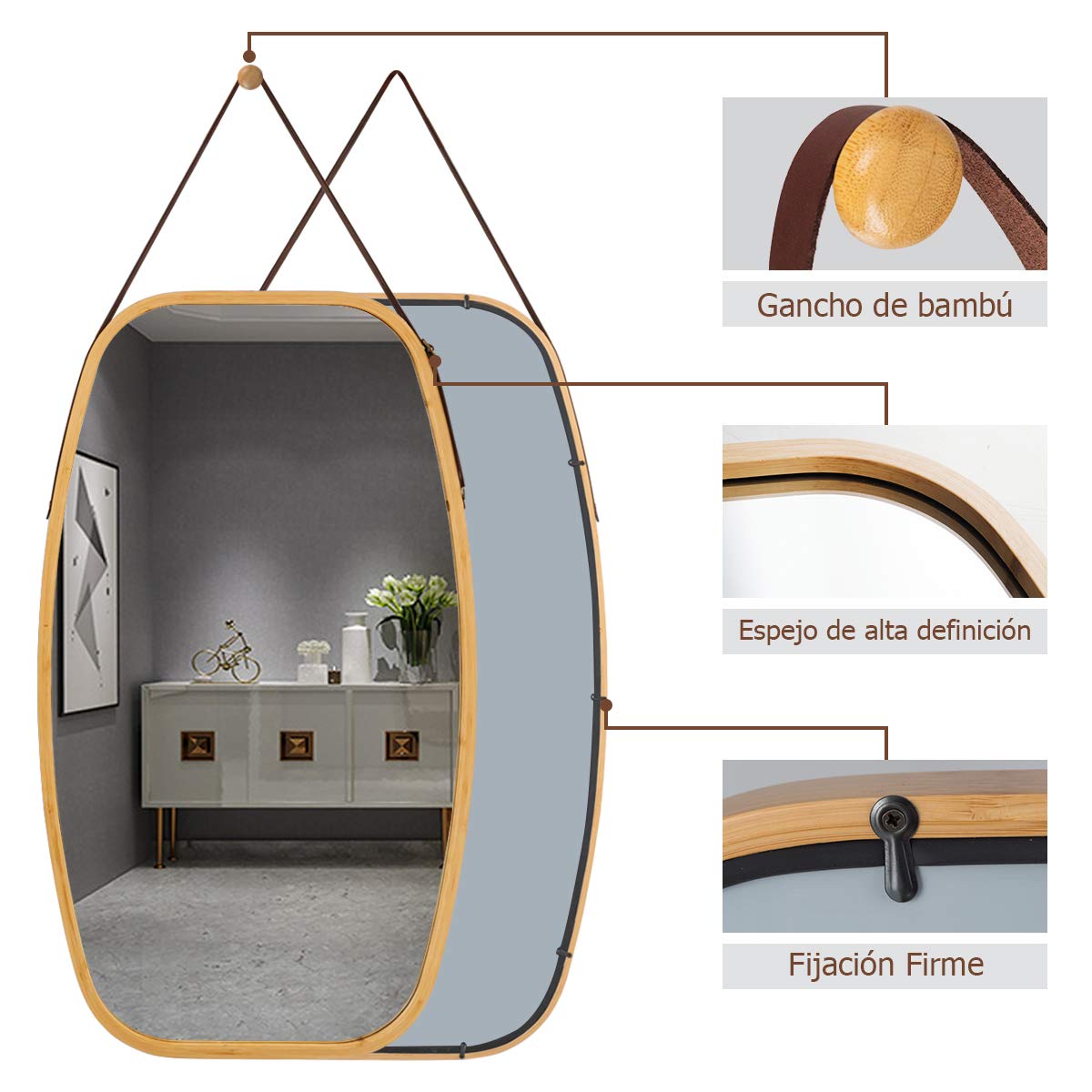 COSTWAY Espejo Colgante para Pared y Puerta con Correa de Cuero Ajustable y Marco de Bambú Espejo Decorativo para Baño Salón Dormitorio Entrada (S)