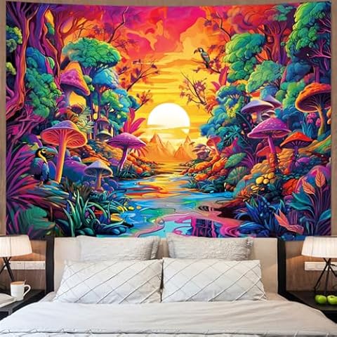 Trippy Forest Tapestry Aesthetic Sun Mountain Tapestry Fantasy Jungle Trees Wall Hanging Tropical Plants Tapestry Magic River Neon Sky Wall Tapestry Abstract Nature Landscape Wall Decor for Room Cover